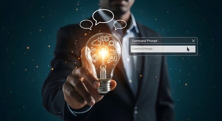 A man holding a lightbulb with ai and cloud icons and command prompt box in the background