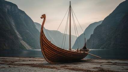 Historical wooden ship on rocky shore with majestic fjord mountains