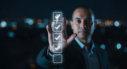 A man in a suit touching a digital checklist with city lights blurred in the background at night