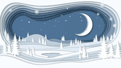 Winter landscape with crescent moon and stars in night sky, snow covered trees and hills in layered paper cutout style, serene with cold