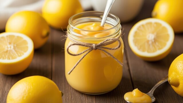 Homemade bright yellow lemon curd in a jar with fresh lemons