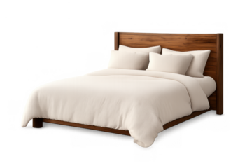 Wooden double bed with clean white bedding, pillows, and duvet, providing comfort and a cozy resting place on transparent background