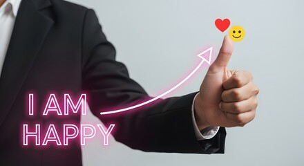 A person in a suit giving a thumbs up with a neon arrow and the words i am happy overlayed