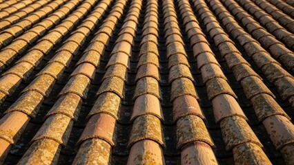 Pattern of weathered terracotta roof tiles glowing in warm light