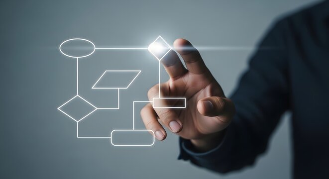 A person touching a digital flow chart diagram with various shapes on a gray background screen - Powered by Adobe