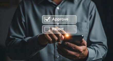 A person using a smartphone to select approve from options presented on the screen interface