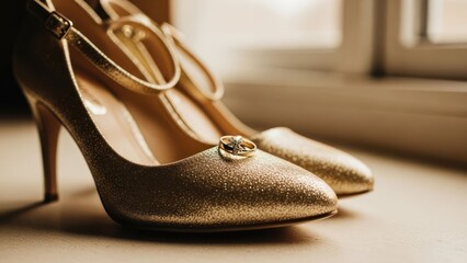 Shimmering golden high heels, engagement ring on the toe
