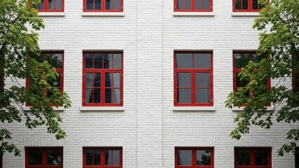 Symmetrical white brick building, bright red windows, green foliage