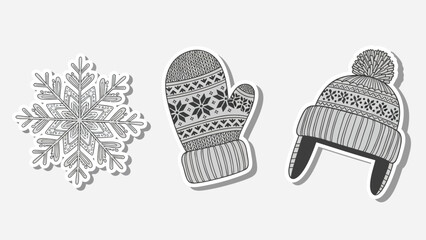 Black and white illustration of winter clothing and snowflake, hat, glove, cold weather accessories, snow, frosty, icy with seasonal