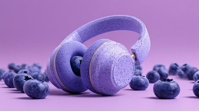 A surreal, artistic composition showing a pair of purple headphones amid a scattering of blueberries against a matching background