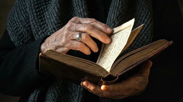 Old woman studying ancient religious book with wrinkled hands, turning pages of holy text, a spiritual journey through sacred writings.