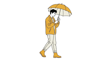 illustration of a young man walking with an umbrella on a rainy day emphasizing fashion and