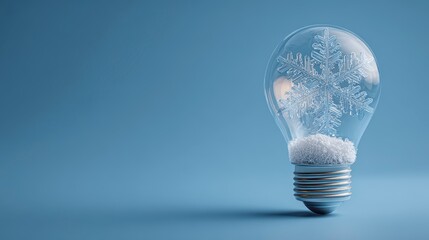 A creative composition, a transparent light bulb containing a large snowflake, sitting on a solid light blue background