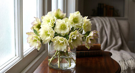 Bouquet of Double Hellebore Flowers in Glass Vase on Wooden Table with Vintage Books