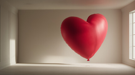 Valentine's Day. Red heart balloon floating in empty room.