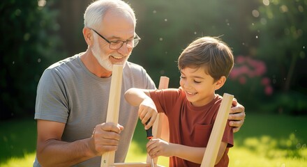 Happy grandfather and grandson assembling wooden furniture together outdoors in bright sunlight with a beautiful bokeh background.