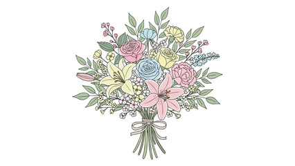 Beautiful bouquet of colorful flowers with pink roses, lilies and baby's breath, tied with ribbon on white background with gift