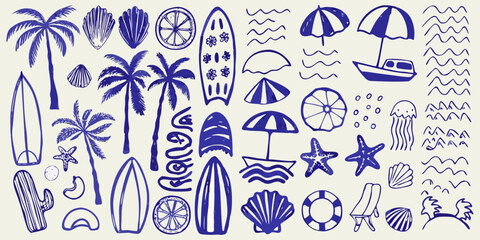 A collection of hand drawn blue summer and beach themed doodles and illustrations