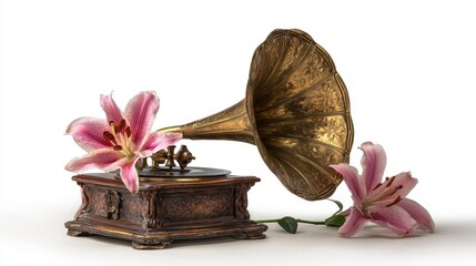 A vintage brass phonograph, adorned with delicate pink lilies against a white backdrop, evoking nostalgia and music