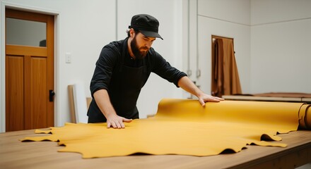 Bearded craftsman in a black cap and apron carefully examining a large roll of bright yellow leather material on a wooden workbench.