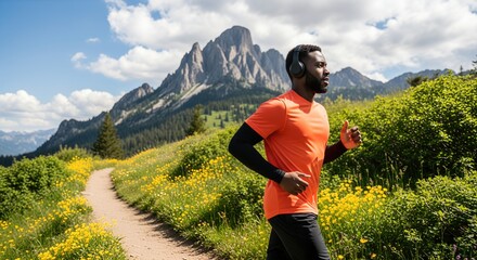 Athletic Black man running on a sunny mountain trail surrounded by yellow wildflowers and dramatic peaks in the background.