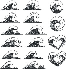Ocean Wave Heart Shapes Illustration Set &ndash; Love and Nature Sea Concept Art