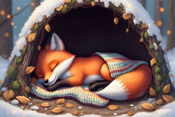 Sleeping red fox curled in autumn nest with falling leaves