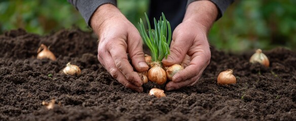 planting flower bulbs using hands in a garden bed