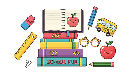 Colorful school supplies and books with smiling apple and bus on white background for education and learning concepts with fun with kids
