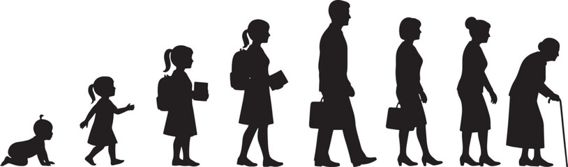 The cycle of human life, from infancy to old age, depicted through silhouettes representing different stages of development
