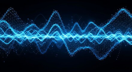 Abstract illuminated digital waveform displays intricate connection of glowing particles across a dark background
