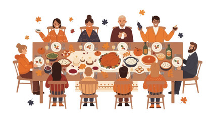 A diverse group of people enjoying a festive autumn meal together around a long table filled with food with thanksgiving with gathering
