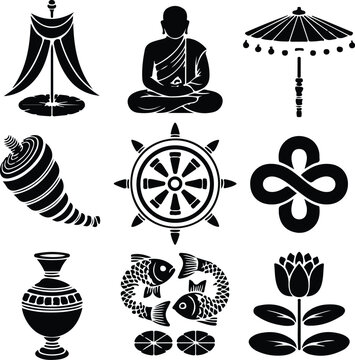 Diverse Sacred Symbols Representing Buddhist Teachings and Auspicious Blessings