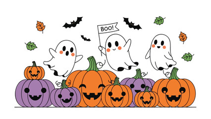 Halloween scene with ghosts and pumpkins, smiling jack o lanterns, bats and leaves on white background, festive autumn with spooky