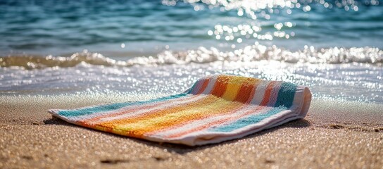 Relaxing beach scene with a colorful striped towel on the warm golden sand