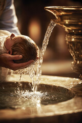Infant baby baptism ceremony, holy water pouring from ornate brass vessel over child head during christian sacrament in warm golden church lighting.