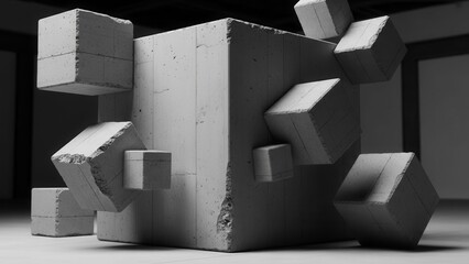 Abstract Concrete Cubes Floating Around Large Geometric Structure