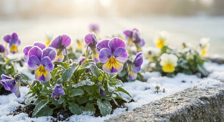 Purple and Yellow Pansy Flowers Covered in Frost and Snow in Sunny Winter Garden