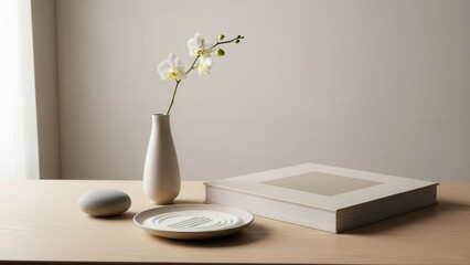 Minimalist Still Life: White Orchid in Vase, Zen Stone, and Book on Wooden Table