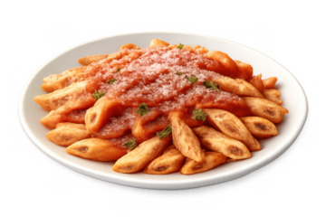 Delicious penne pasta in italian marinara sauce topped with parmesan and herbs, displayed on a clear background
