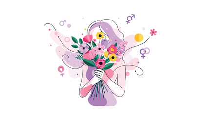 A woman holding a vibrant bouquet of flowers with purple hair surrounded by gender equality symbols in a whimsical illustration
