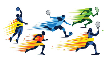 Multicolored silhouettes of people playing various sports with motion lines, vibrant colors and dynamic movements, action packed