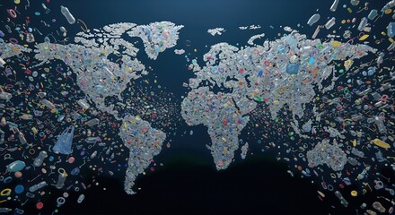 World map composed of floating plastic waste, bottles and garbage debris highlighting the global pollution crisis, 3D illustration concept of environmental disaster and ecology