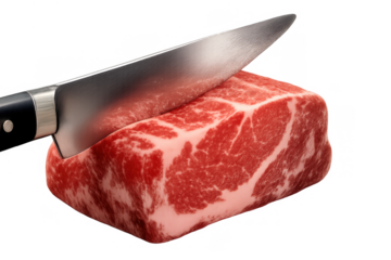 Raw beef block being cut by a kitchen knife, displaying fresh red meat, fat, and marbleization, isolated on a transparent background