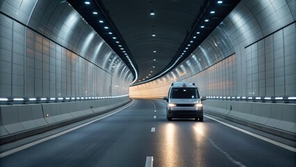 A vehicle drives through a modern tunnel illuminated by bright lights, showcasing a sleek, futuristic design.