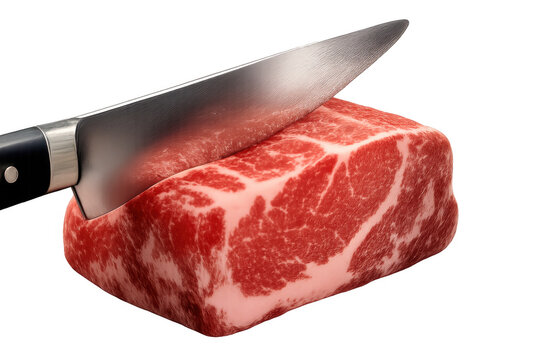 Raw beef block being cut by a kitchen knife, displaying fresh red meat, fat, and marbleization, isolated on a transparent background - Powered by Adobe