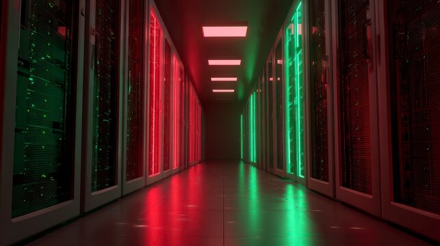 A modern server room with rows of equipment illuminated by red and green lights, creating a futuristic hallway - Powered by Adobe