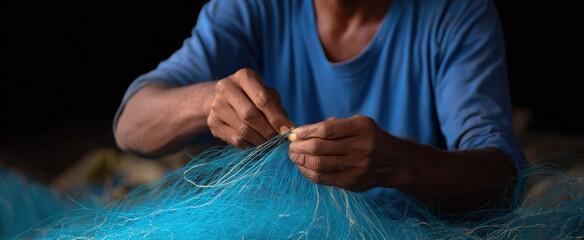 Fisherman skillfully repairs a fishing net with patience woven into each thread.