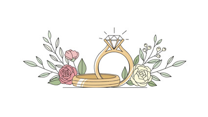 Engagement ring with diamond surrounded by flowers and leaves, wedding symbol, golden jewelry, romantic gesture, proposal with gold ring