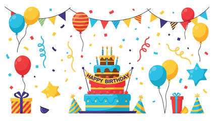 Vibrant birthday celebration scene with multi tiered cake, balloons, confetti, and party decorations on white background with festive